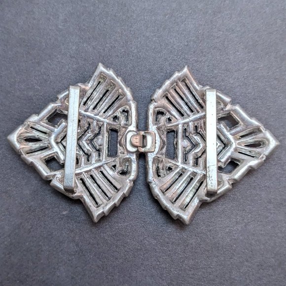 Vintage 1920s Crystal Belt Buckle 2-Part Clasp Silver Metal Art Deco Evening 20s